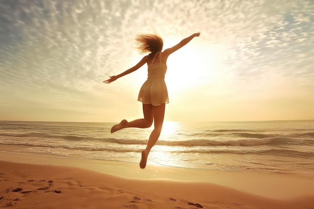 Side view of a full length cheerful woman jumping with her hands up