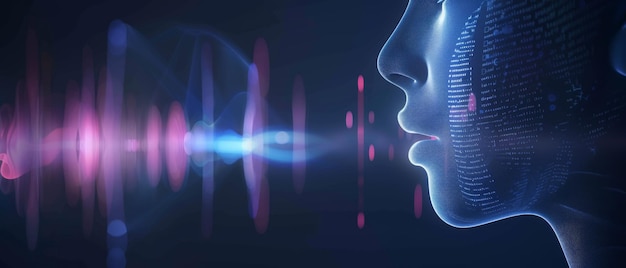 Side view of a futuristic face made of glowing blue dots and lines emitting a wave of data symbolizing voice recognition systems