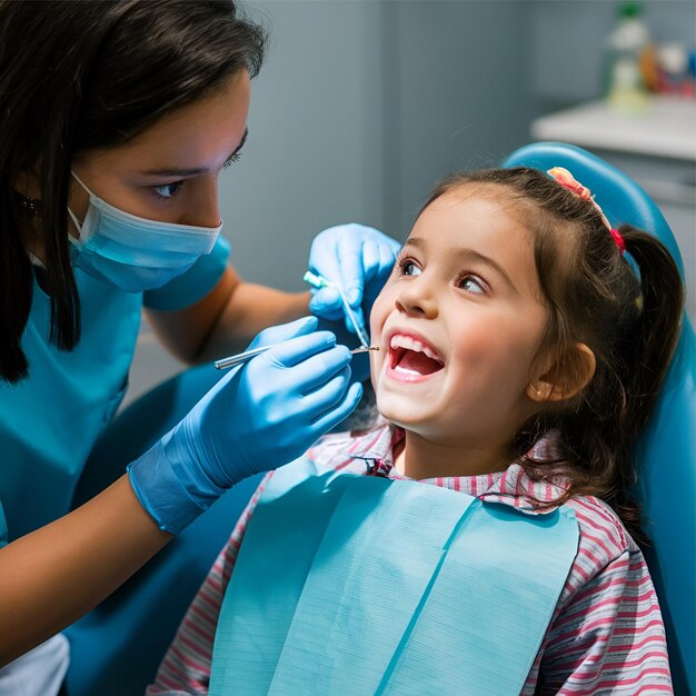 A side view of a girl having her teeth examined by a female dentist