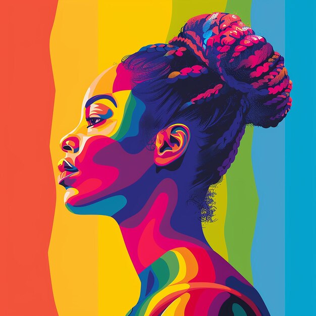 A side view of a girl looking proud in a rainbow background