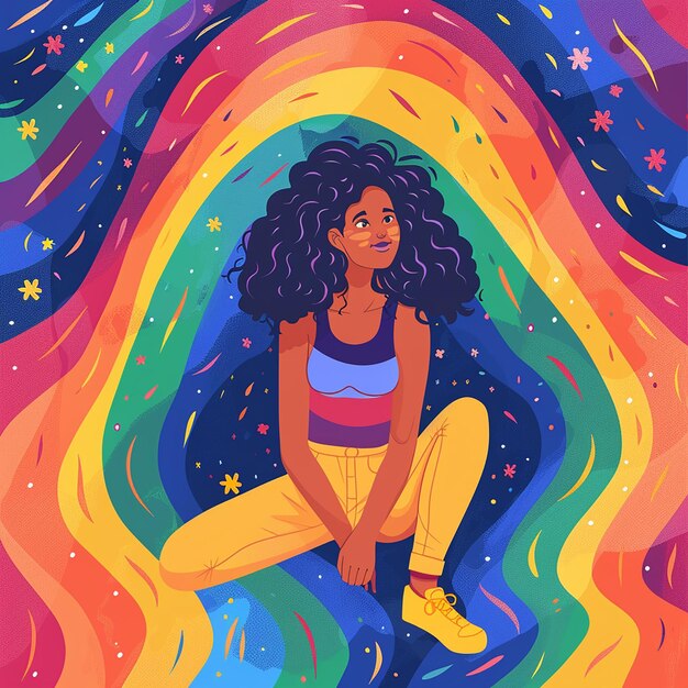 A side view of a girl looking proud in a rainbow background