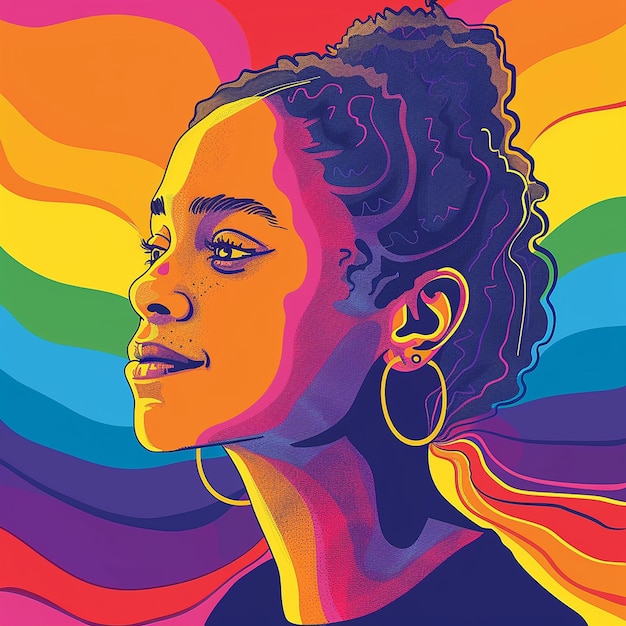 A side view of a girl looking proud in a rainbow background