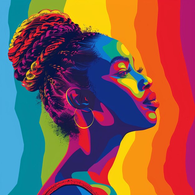 A side view of a girl looking proud in a rainbow background