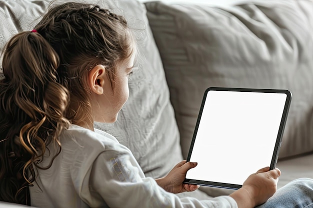 Photo side view girl playing game on tablet