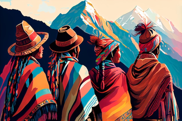 Side view of a group of Andean Indigenous people looking at the capped mountains. AI Illustration