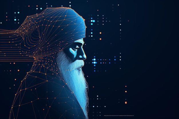 side view guru nanak illustration with blue neural background