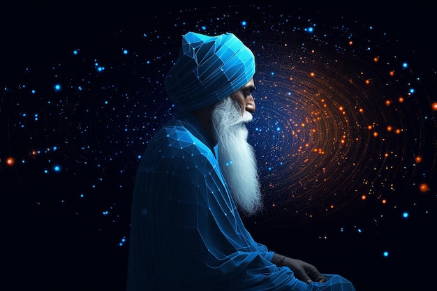 side view guru nanak illustration with blue neural background