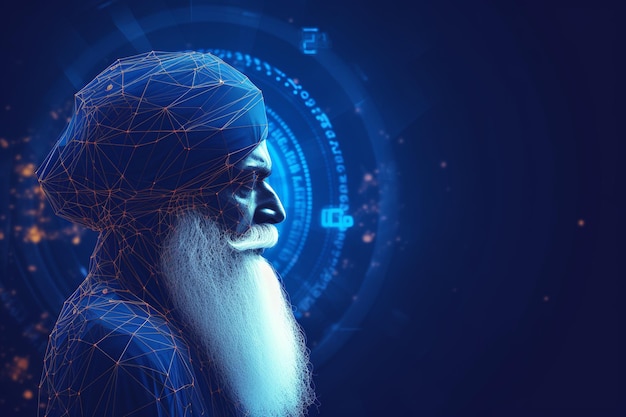 side view guru nanak illustration with blue neural background