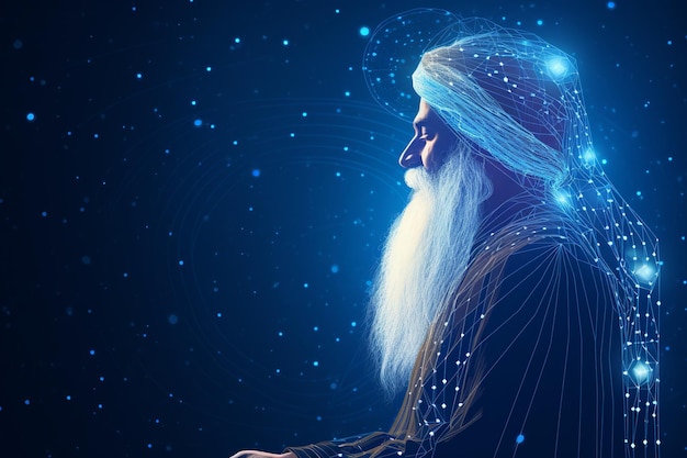 side view guru nanak illustration with blue neural background