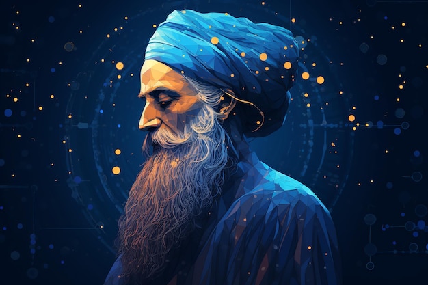 side view guru nanak illustration with blue neural background