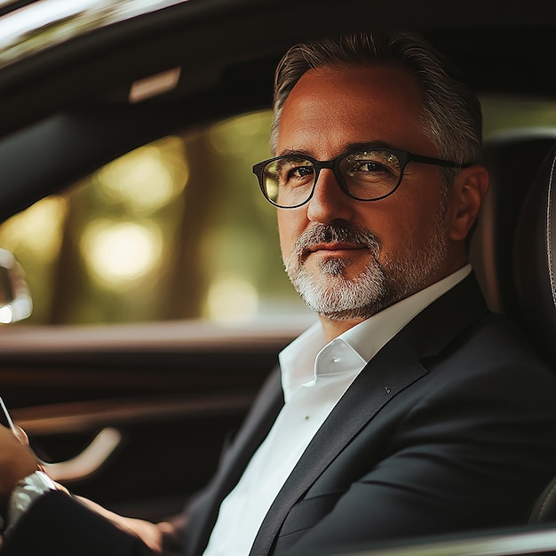 Photo side view of handsome driver in suit driving car