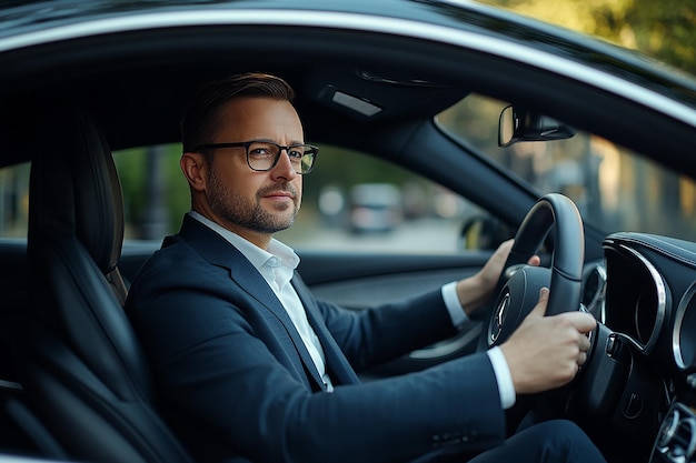 Photo side view of handsome driver in suit driving car