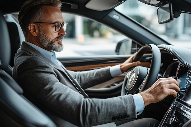 Photo side view of handsome driver in suit driving car