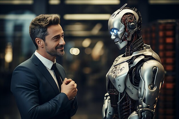 Side view of a handsome young man in a suit looking at a robot in a modern office