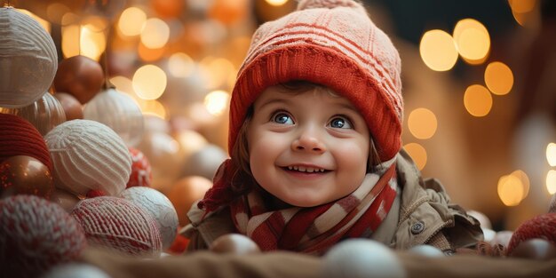 A side view of a happy girl under a Christmas tree in a snowcovered city square Generative Ai