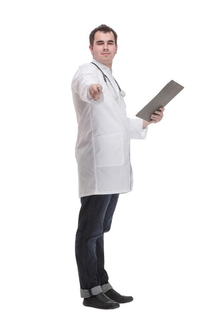 Side view of happy smiling mature doctor with stethoscope around the neck writing on clipboard