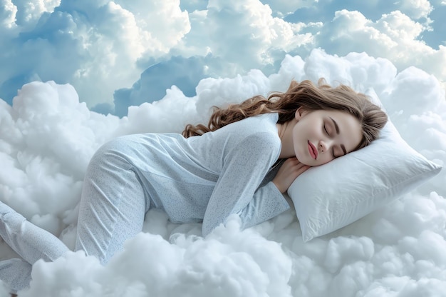 side view of happy young woman in pajamas sleeping on white clouds in the sky