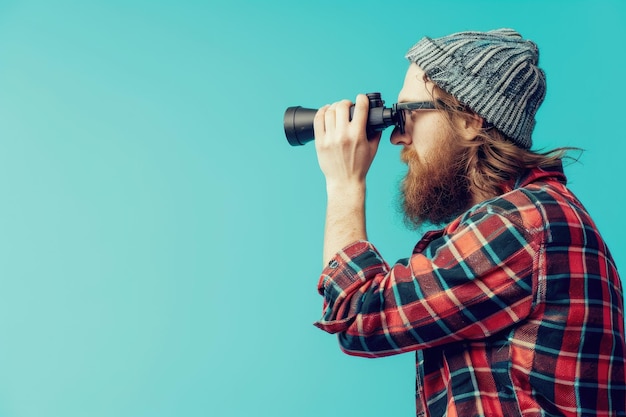 Photo side view of hipster man using binoculars