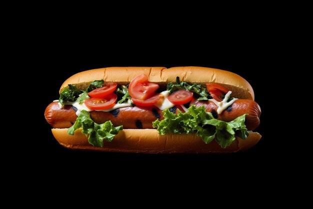 Side View of Hot Dog with Grilled Sausage Tomato and Greens