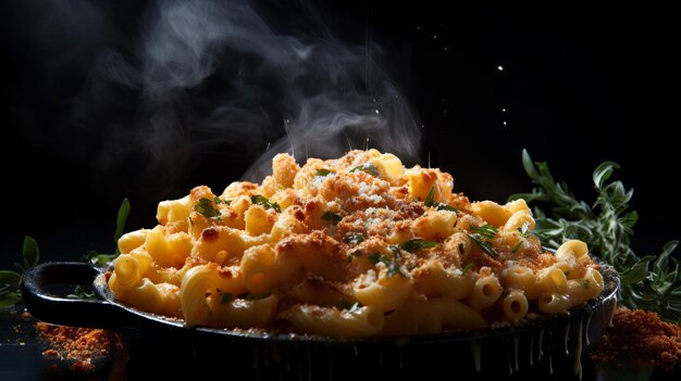 Side view of hot pan with tasty pasta with cheese and spices on dark background Close up of italian dish A pan full of delicious freshly cooked mac releasing a plume of hot steam and aroma