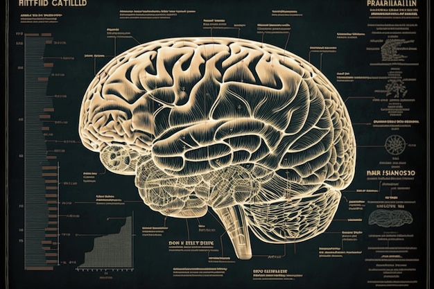 Side view Human brain schematic in retro sketch style Beautiful colorful illustration vector Generative AI