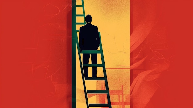 Side view human head inside business man on ladder