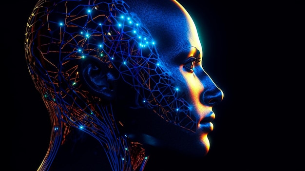 Side view of a humanoid head with blue and yellow eyes and vibrant neon neural network representing futuristic technology and artificial intelligence Generative AI