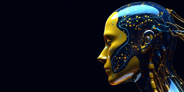 Side view of a humanoid head with blue and yellow eyes and vibrant neon neural network