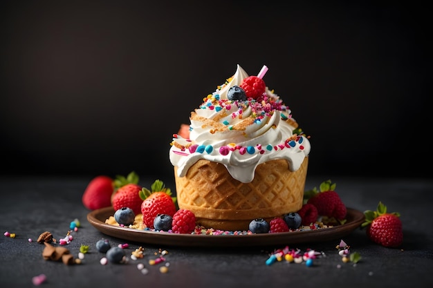 Side view of ice cream roll under whipped cream decorated with berries