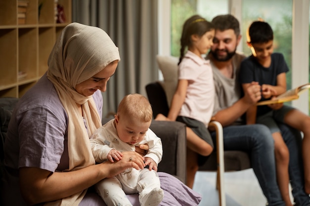 Side view islamic family at home