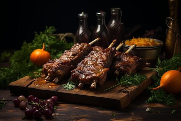 Side view of kebab lamb ribs with red onion and pomegranate on a wooden board