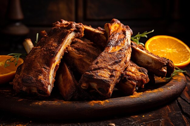 Side view of kebab lamb ribs with red onion and pomegranate on a wooden board