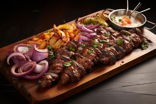 Side view kebab ribs with fried vegetables and chopped onion and knife and ayran in wooden food tray