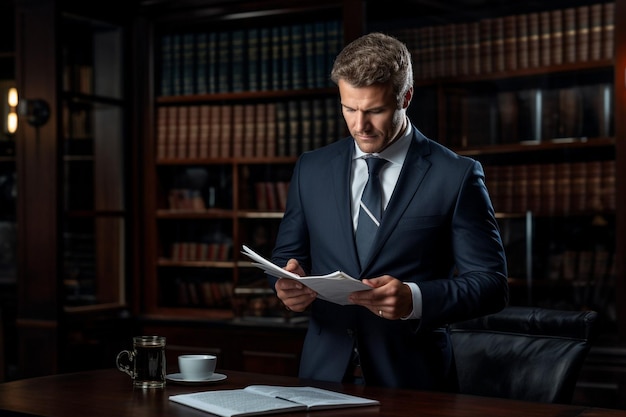 Side view lawyer with tablet and coffee