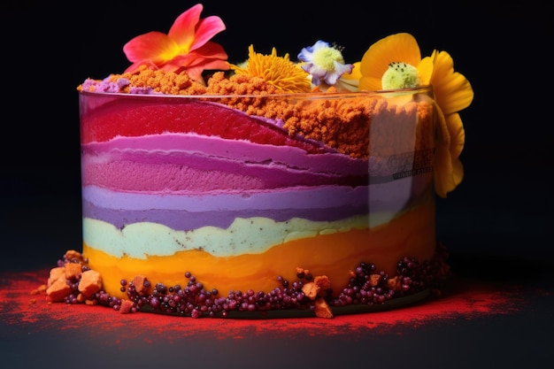 Side view of a layered smoothie bowl with vibrant colors