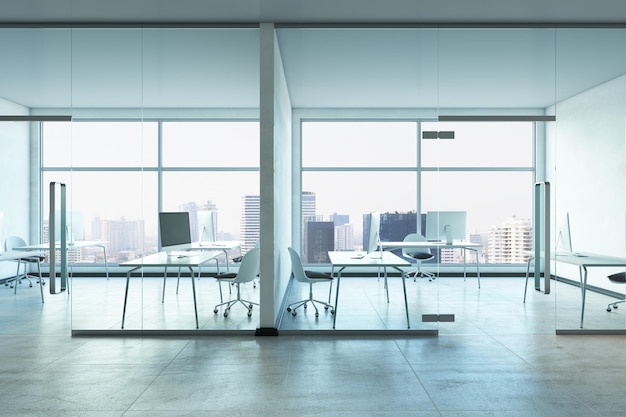 Side view on light interior design office cabinets with concrete floor glass transparent walls modern computers on work tables and city skyline view from big windows 3D rendering