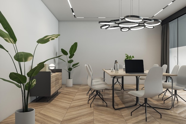 Side view on light wooden meeting table with laptop surrounded by stylish light grey chairs in conference room with circle chandelier on top parquet floor and green plant in flowerpot 3D rendering