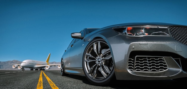 Side view of a luxury sports car and a runway with an airplane