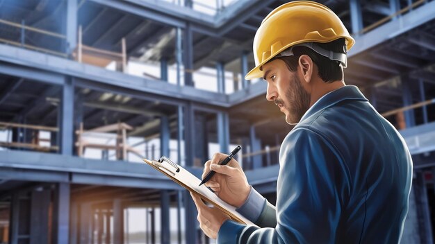 Side view of male architect wearing yellow hardhat writing on clipboard