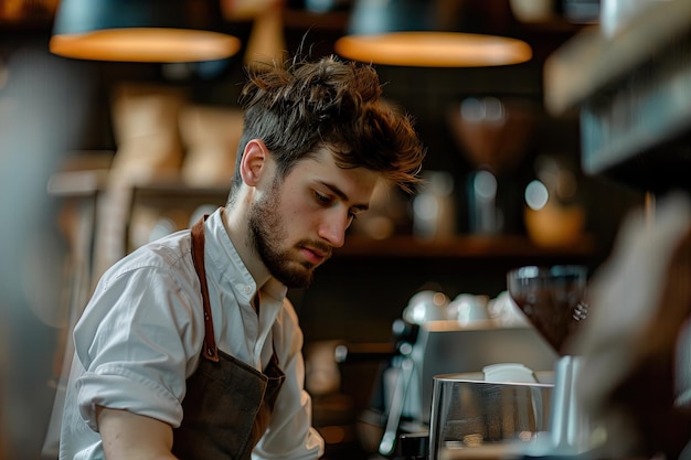 Photo side view of male barista in shop