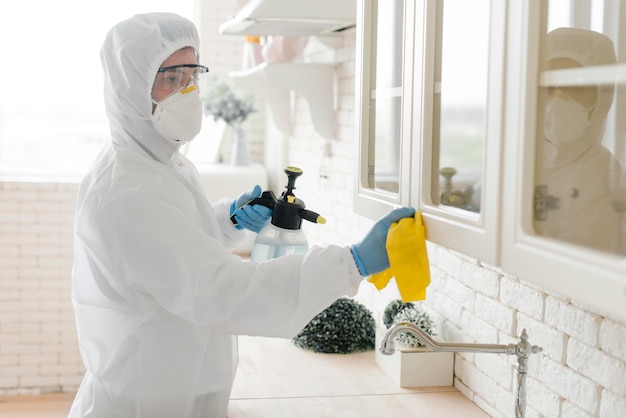 Side view man disinfecting kitchen