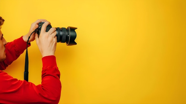 Photo side view man photographer in red shirt makes photos isolated on yellow background