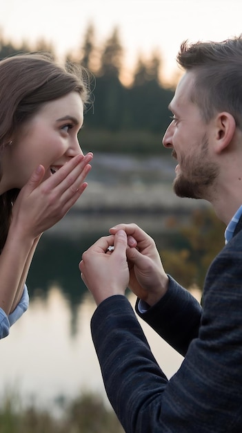 Photo side view man proposing to girlfriend