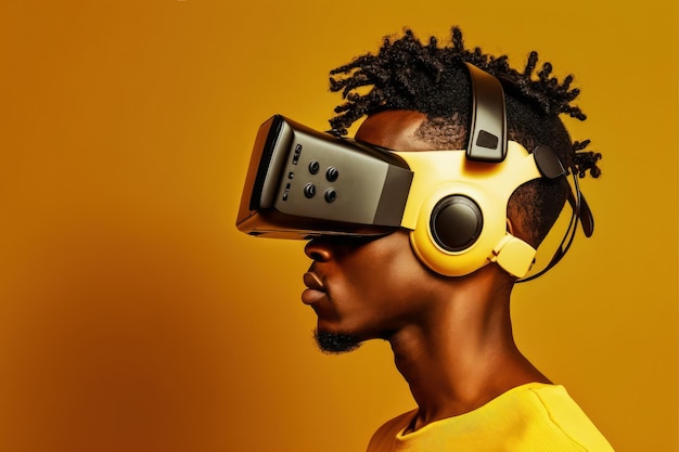 Side view of a man put on VR glasses isolated over yellow background