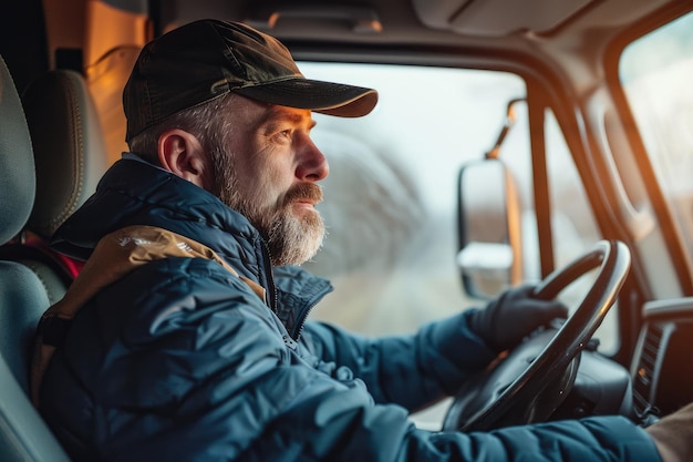 Side view man sitting in truck