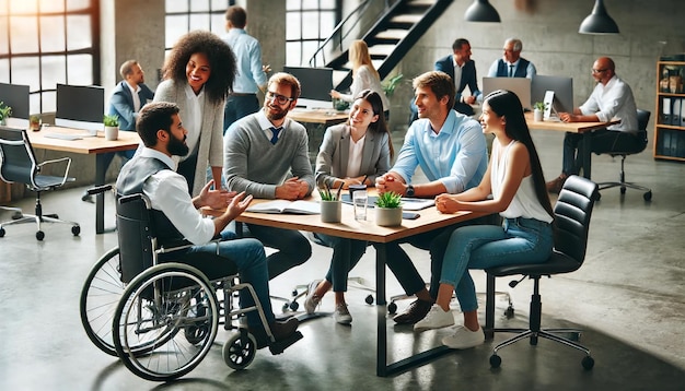 Photo side view of man in wheelchair having an inclusive office job