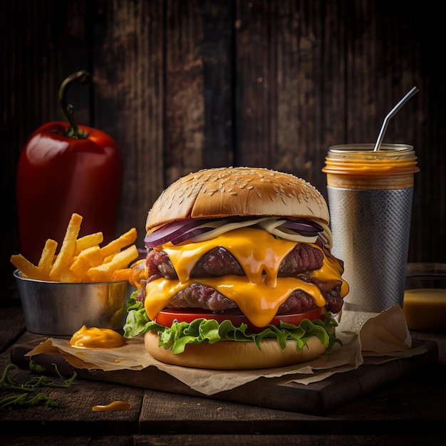 Side view meat burger with tomato and fries with spices on a stand