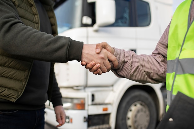 Side view men shaking hands