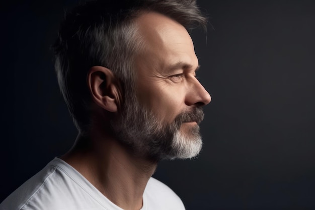 Side view of middle aged bearded man in white t shirt over grey studio background copy space profile portrait of handsome man with closed eyes posing on gray standing straight and looking aside