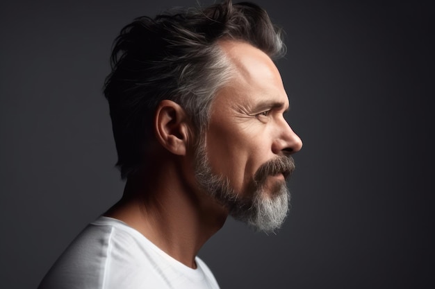 Side view of middle aged bearded man in white t shirt over grey studio background copy space profile portrait of handsome man with closed eyes posing on gray standing straight and looking aside